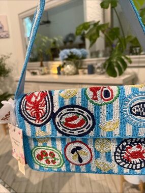 Beaded Blue Striped Shoulder Bag with Colorful Motif Accents